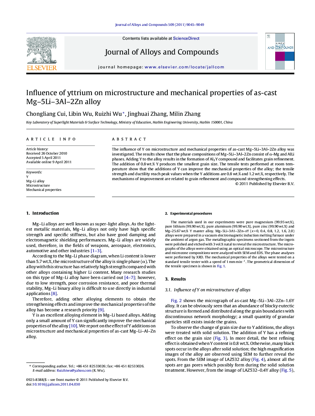 Influence of yttrium on microstructure and mechanical properties of as-cast Mg–5Li–3Al–2Zn alloy