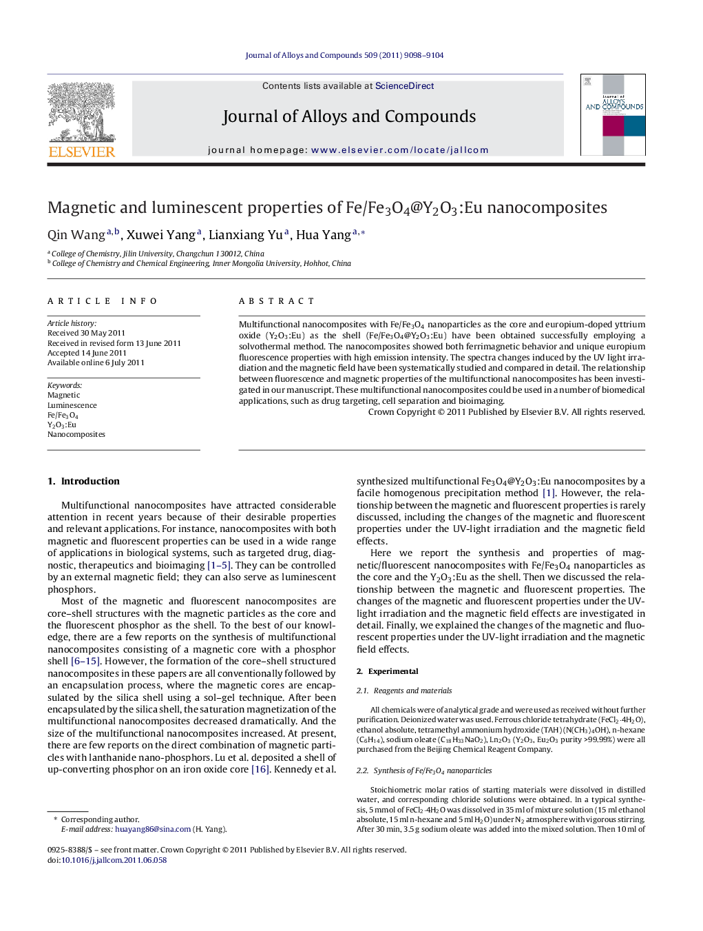 Magnetic and luminescent properties of Fe/Fe3O4@Y2O3:Eu nanocomposites