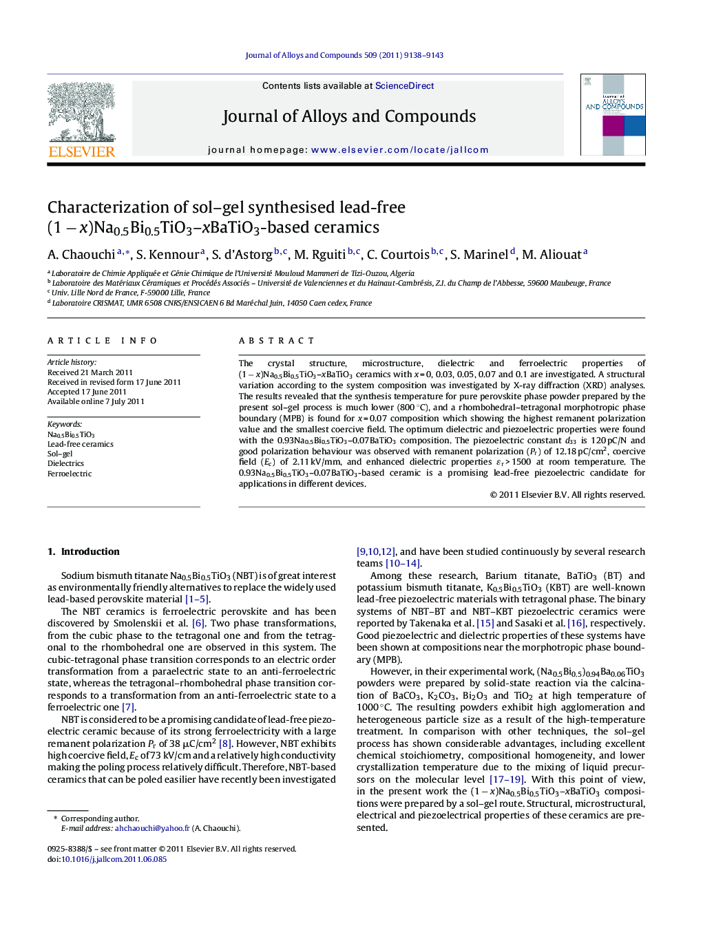 Characterization of sol–gel synthesised lead-free (1 − x)Na0.5Bi0.5TiO3–xBaTiO3-based ceramics