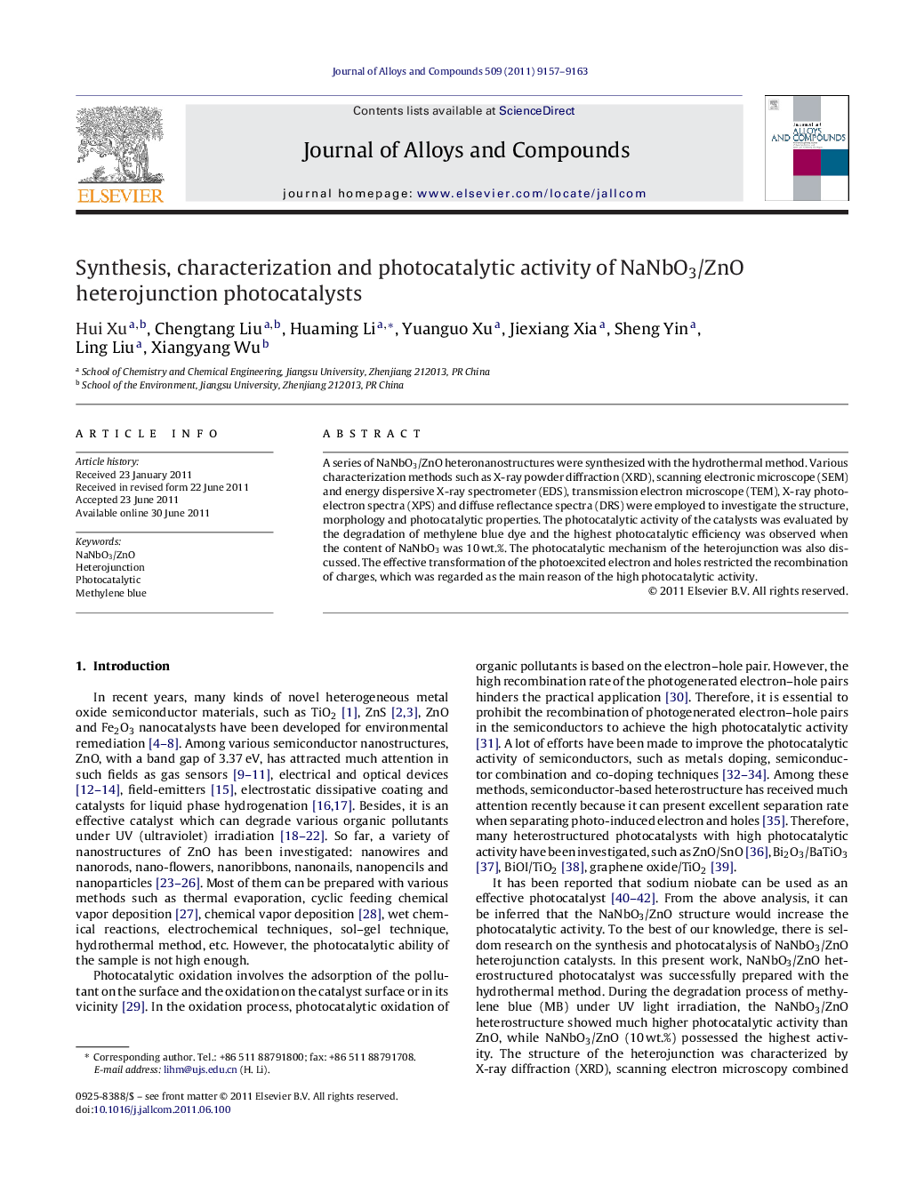 Synthesis, characterization and photocatalytic activity of NaNbO3/ZnO heterojunction photocatalysts