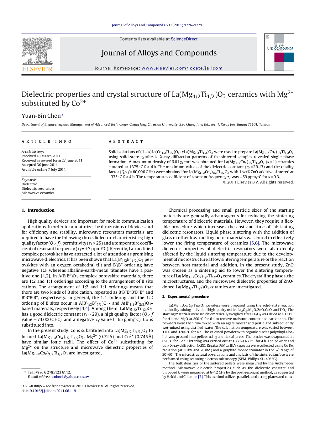 Dielectric properties and crystal structure of La(Mg1/2Ti1/2)O3 ceramics with Mg2+ substituted by Co2+