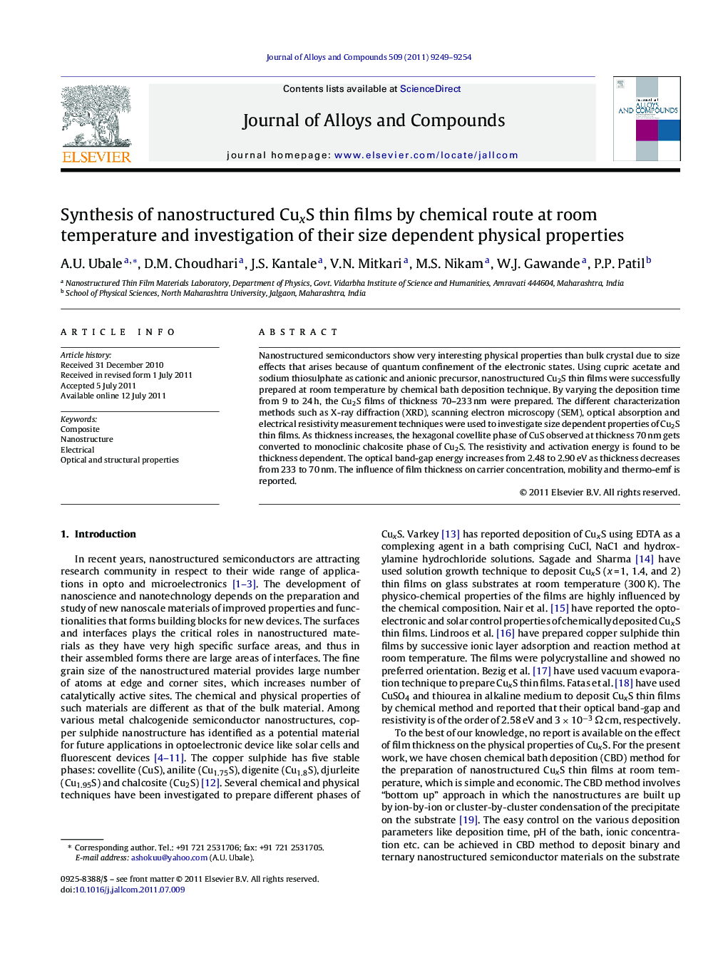 Synthesis of nanostructured CuxS thin films by chemical route at room temperature and investigation of their size dependent physical properties