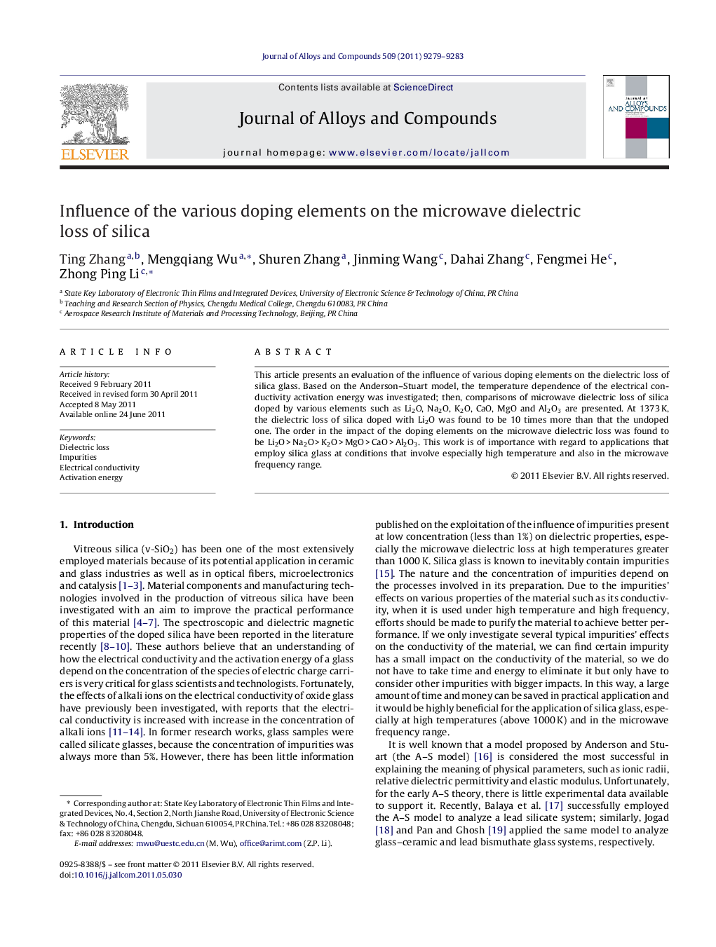 Influence of the various doping elements on the microwave dielectric loss of silica