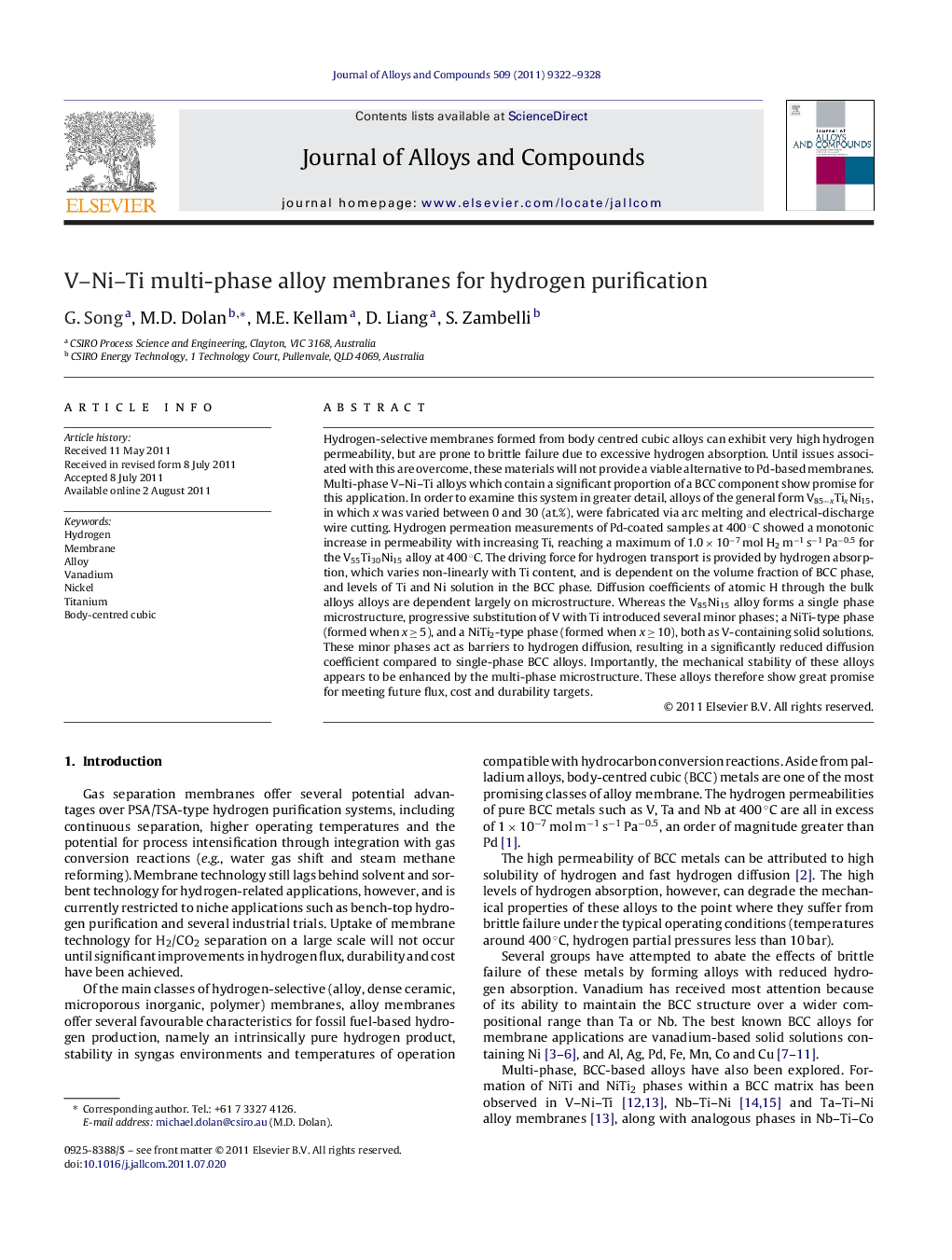 V–Ni–Ti multi-phase alloy membranes for hydrogen purification