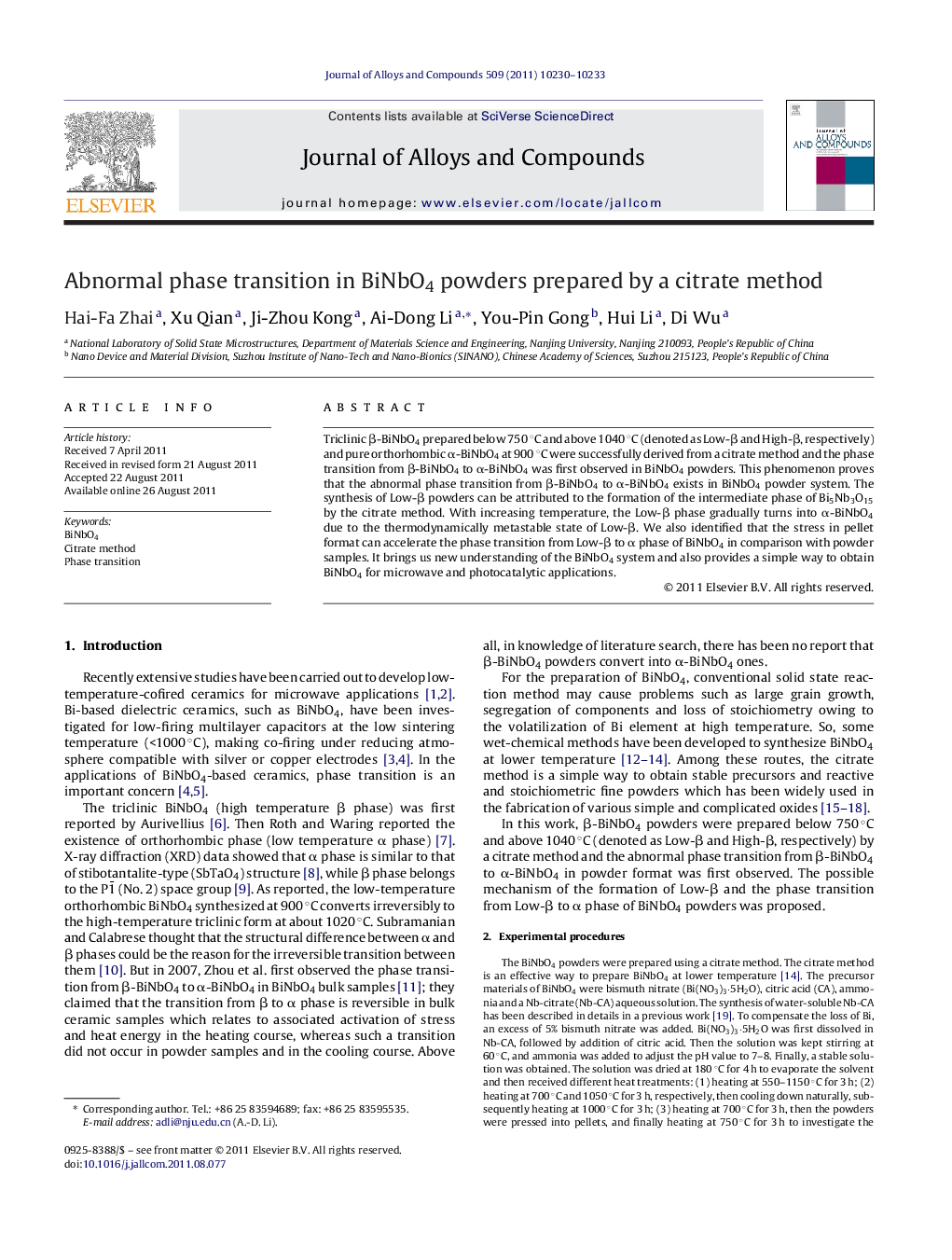 Abnormal phase transition in BiNbO4 powders prepared by a citrate method