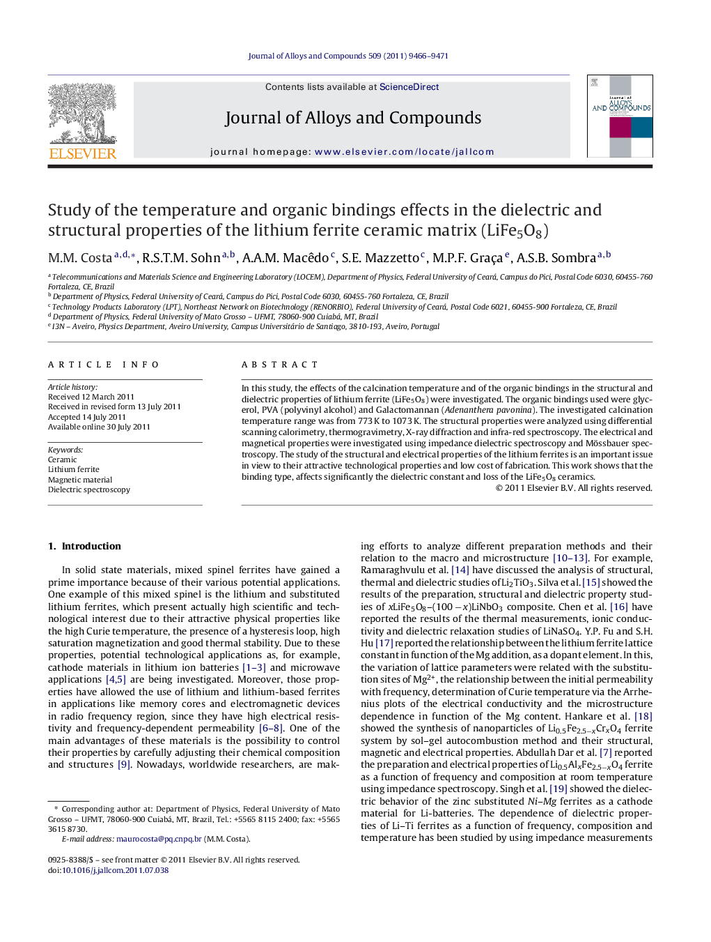 Study of the temperature and organic bindings effects in the dielectric and structural properties of the lithium ferrite ceramic matrix (LiFe5O8)