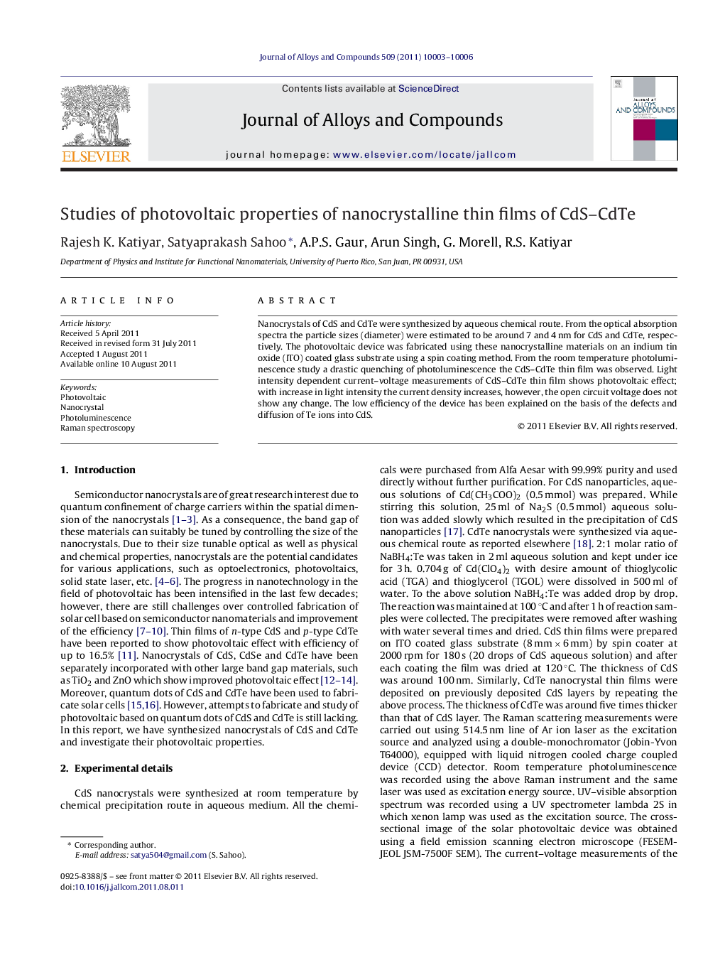 Studies of photovoltaic properties of nanocrystalline thin films of CdS–CdTe