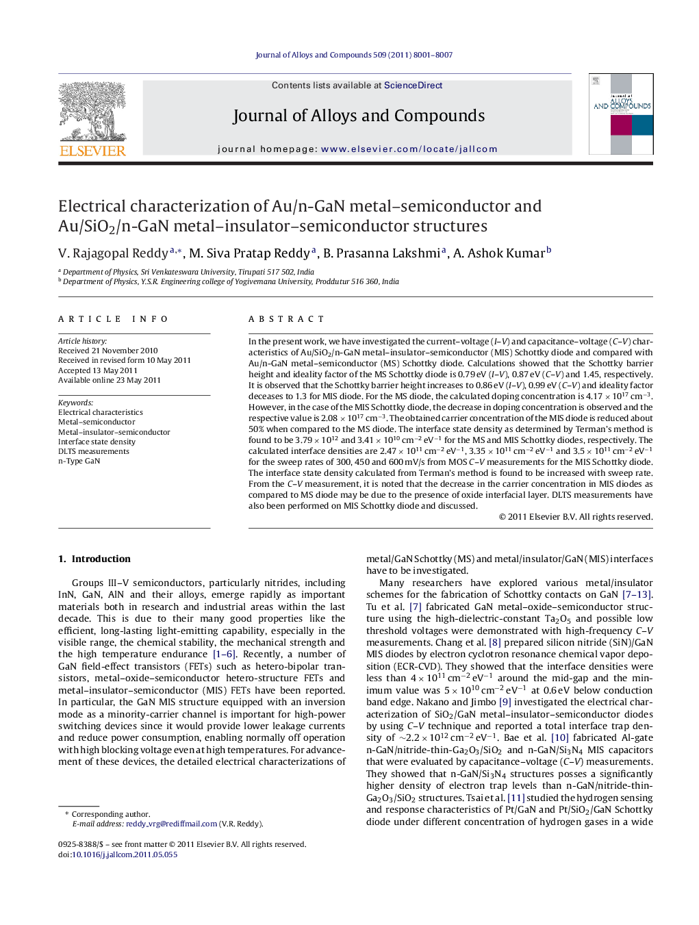 Electrical characterization of Au/n-GaN metal–semiconductor and Au/SiO2/n-GaN metal–insulator–semiconductor structures