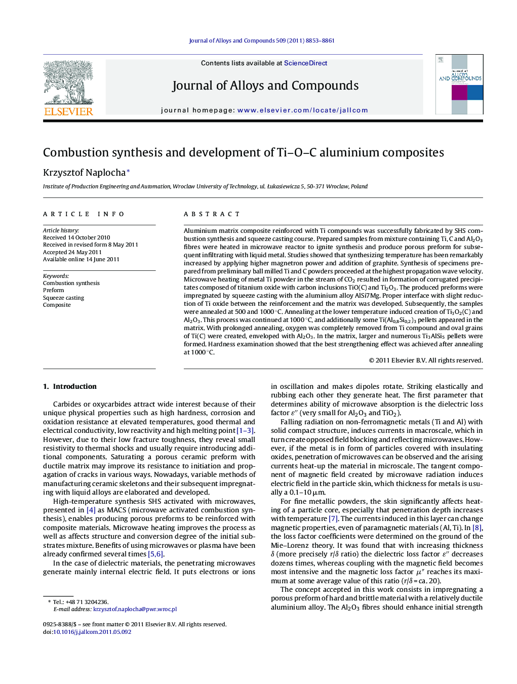 Combustion synthesis and development of Ti–O–C aluminium composites