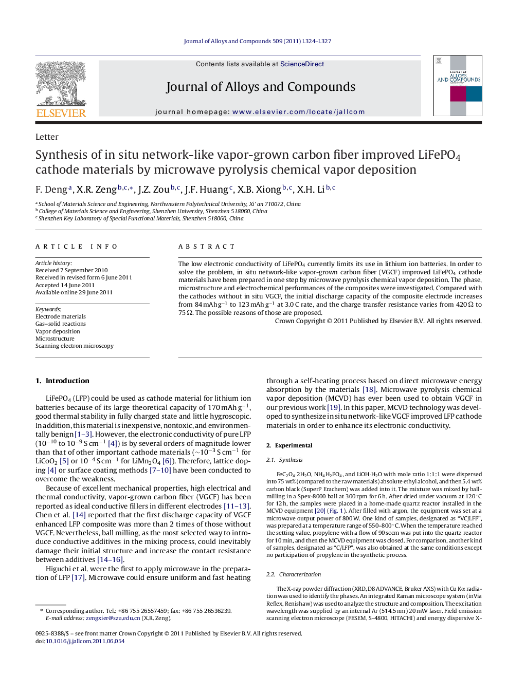 Synthesis of in situ network-like vapor-grown carbon fiber improved LiFePO4 cathode materials by microwave pyrolysis chemical vapor deposition