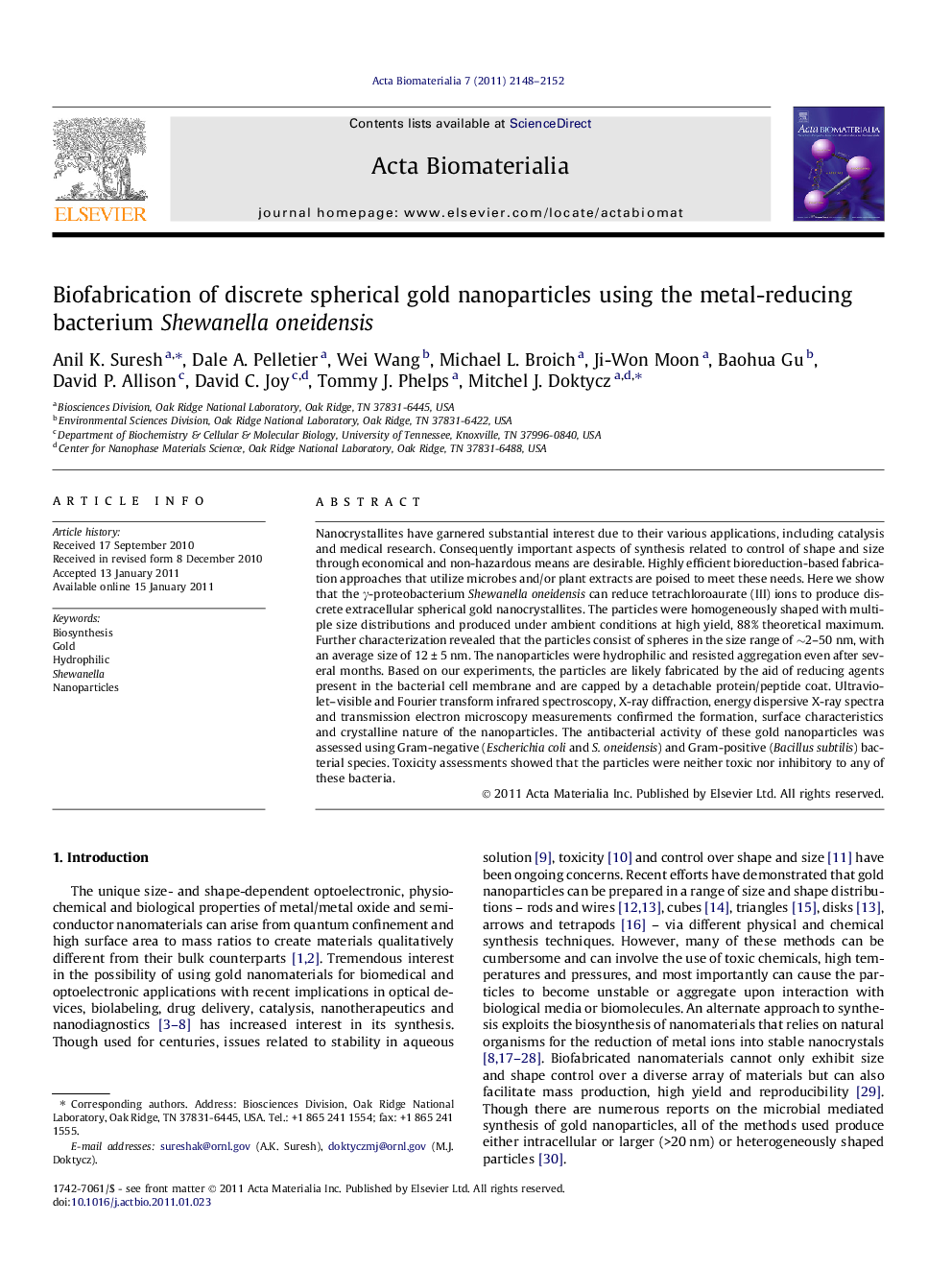 Biofabrication of discrete spherical gold nanoparticles using the metal-reducing bacterium Shewanella oneidensis