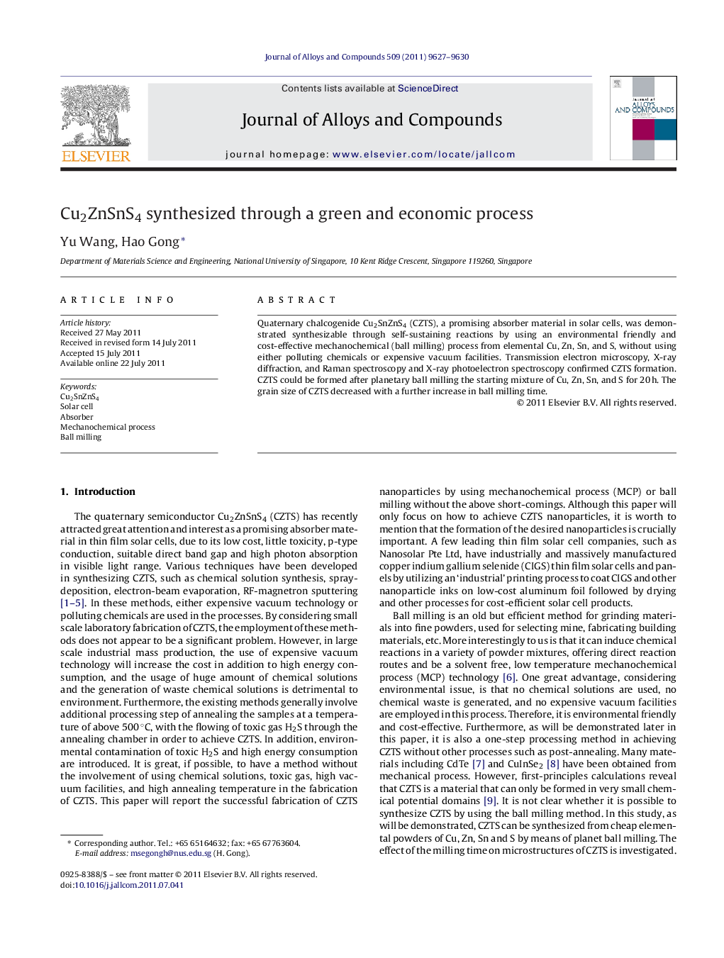 Cu2ZnSnS4 synthesized through a green and economic process