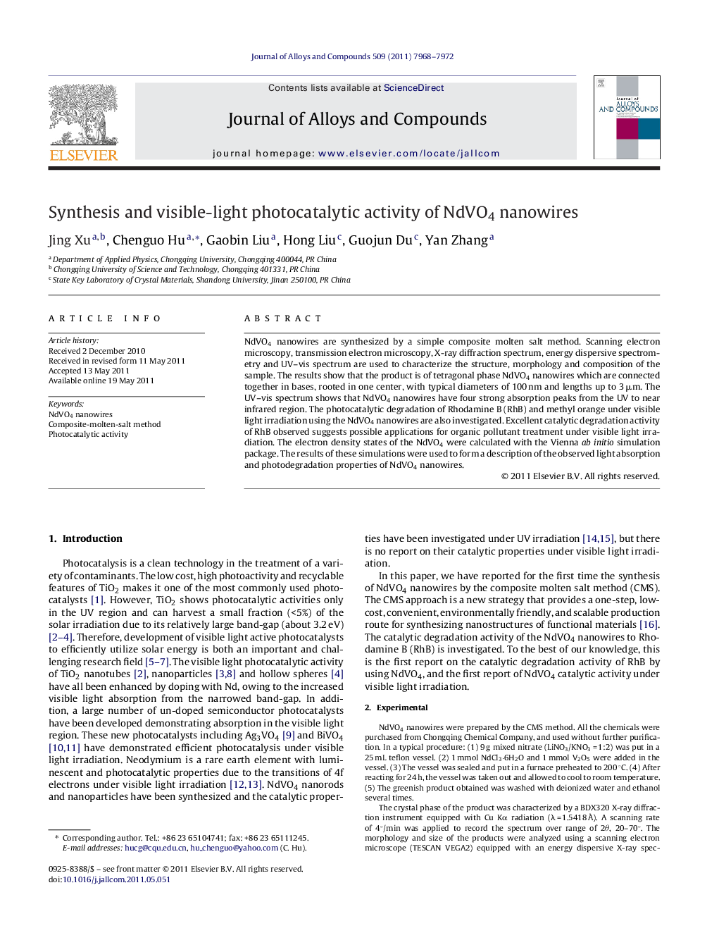 عکس صفحه اول مقاله: Synthesis and visible-light photocatalytic activity of NdVO4 nanowires Synthesis and visible-light photocatalytic activity of NdVO4 nanowires