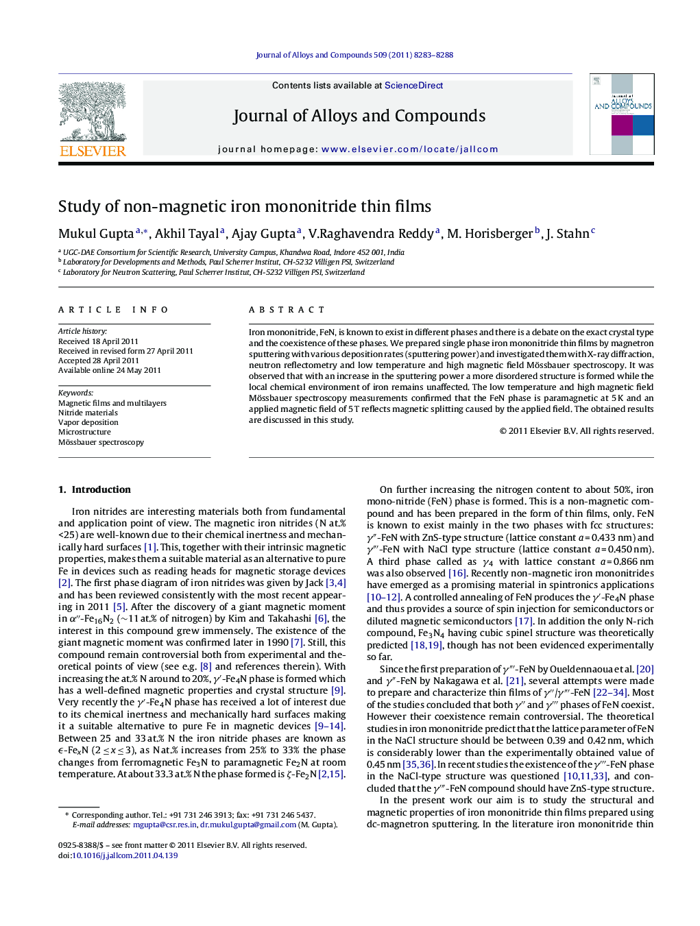 Study of non-magnetic iron mononitride thin films