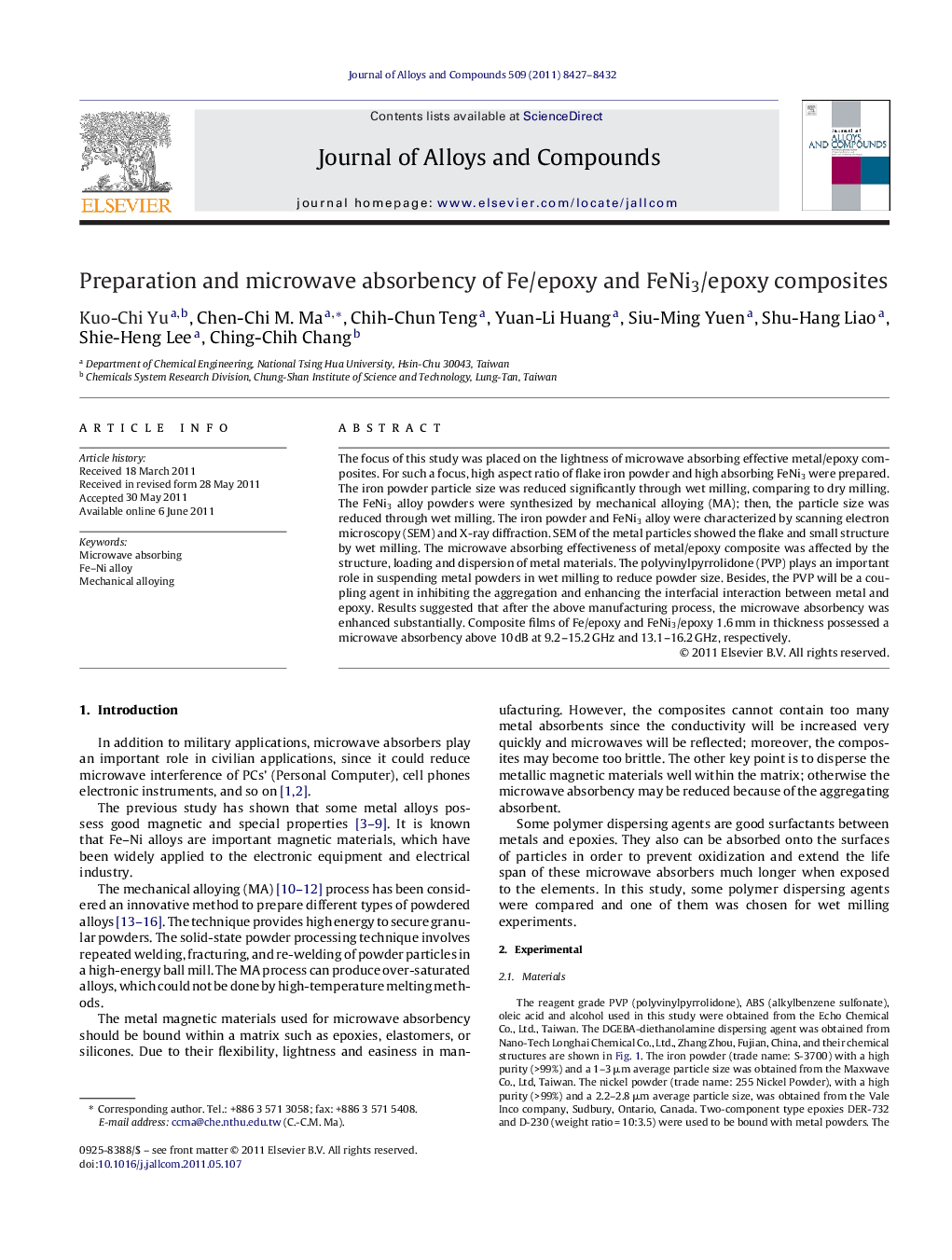 Preparation and microwave absorbency of Fe/epoxy and FeNi3/epoxy composites