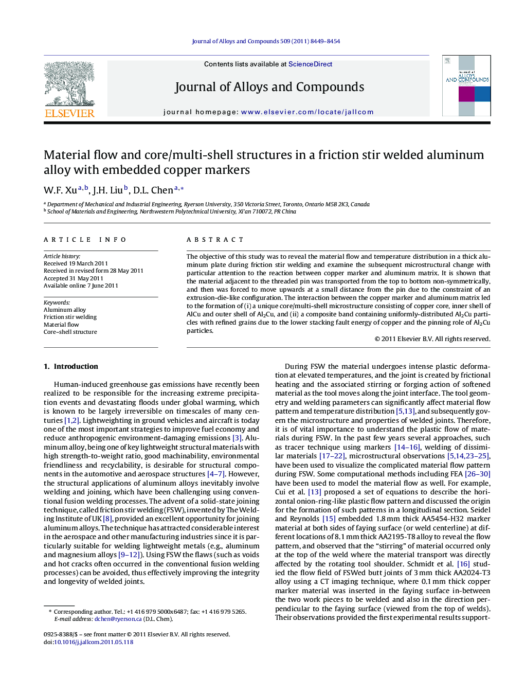 Material flow and core/multi-shell structures in a friction stir welded aluminum alloy with embedded copper markers