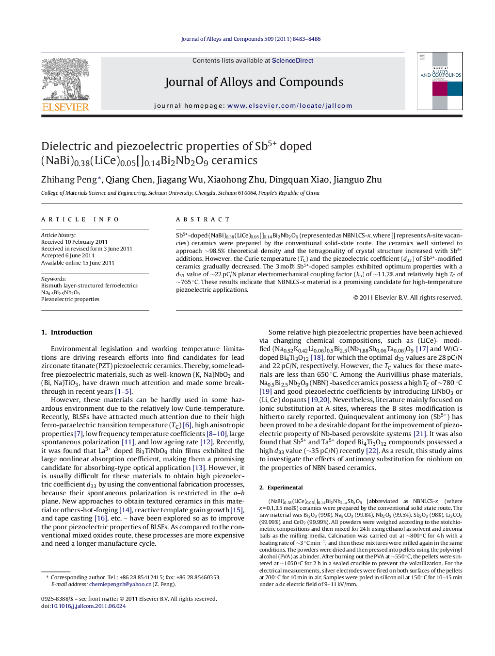 Dielectric and piezoelectric properties of Sb5+ doped (NaBi)0.38(LiCe)0.05[]0.14Bi2Nb2O9 ceramics