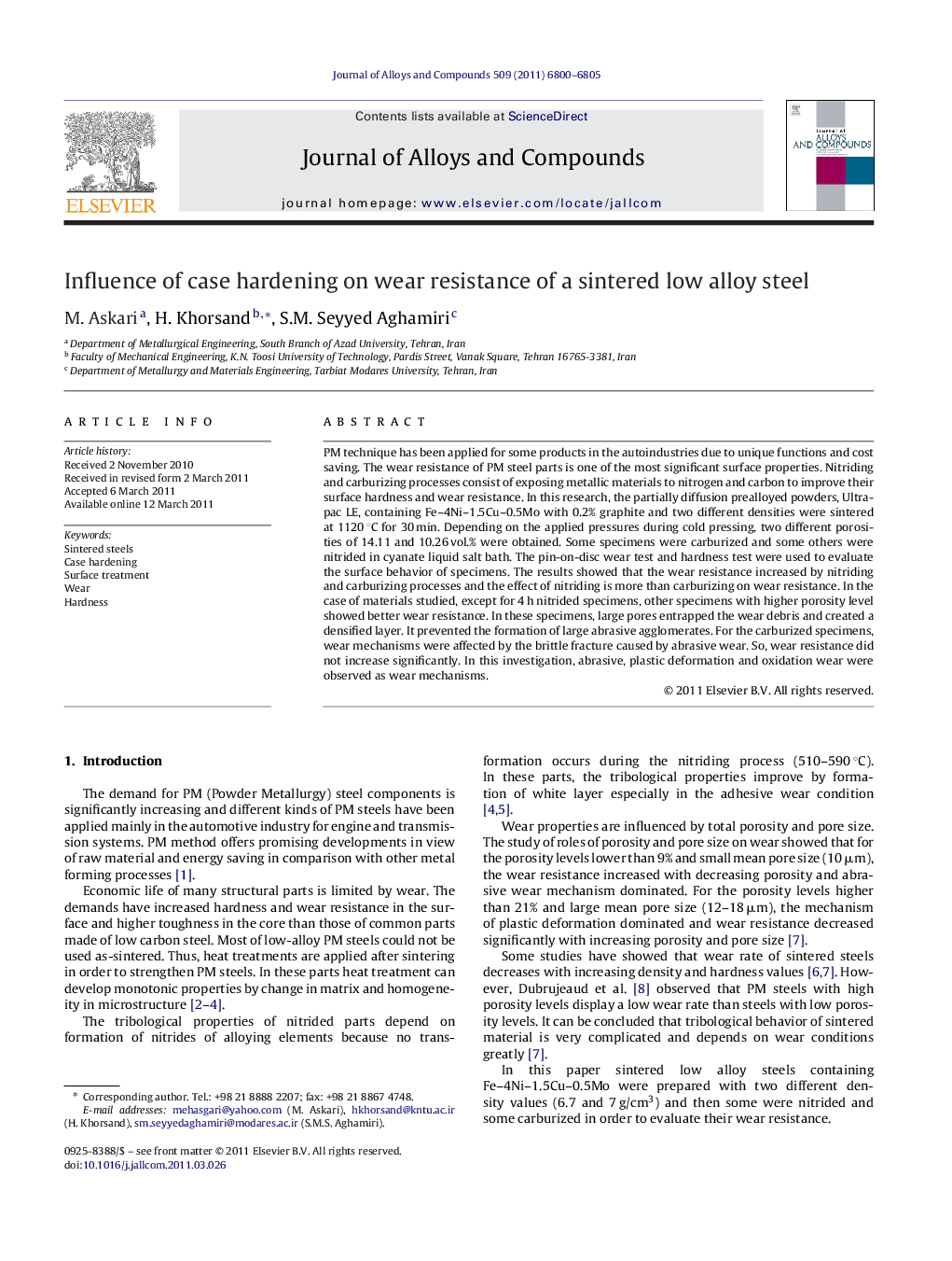 Influence of case hardening on wear resistance of a sintered low alloy steel