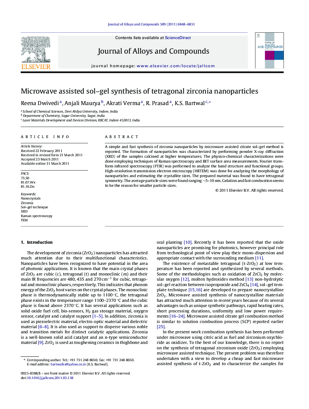 Microwave assisted sol–gel synthesis of tetragonal zirconia nanoparticles