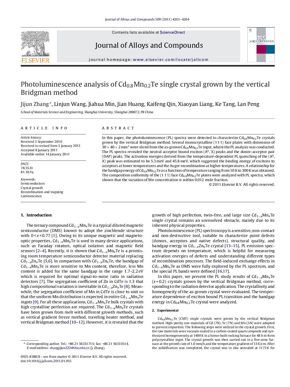 Photoluminescence analysis of Cd0.8Mn0.2Te single crystal grown by the vertical Bridgman method