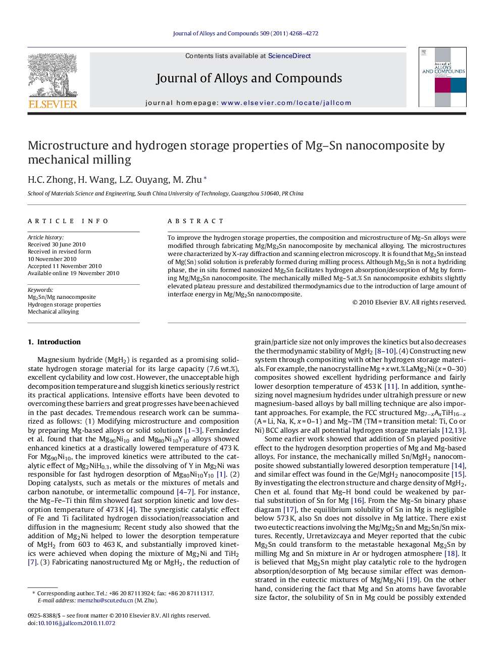 Microstructure and hydrogen storage properties of Mg–Sn nanocomposite by mechanical milling