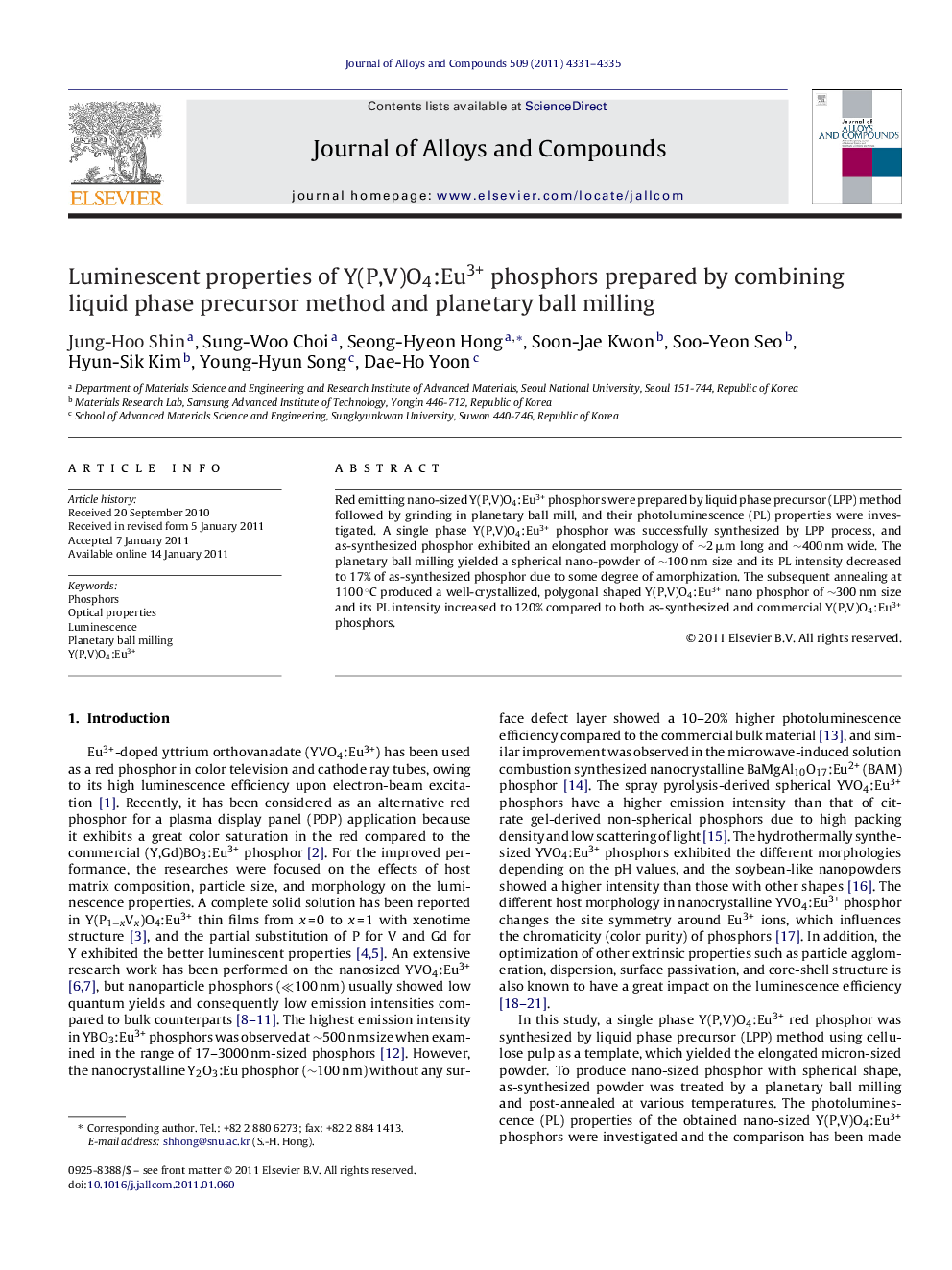 Luminescent properties of Y(P,V)O4:Eu3+ phosphors prepared by combining liquid phase precursor method and planetary ball milling