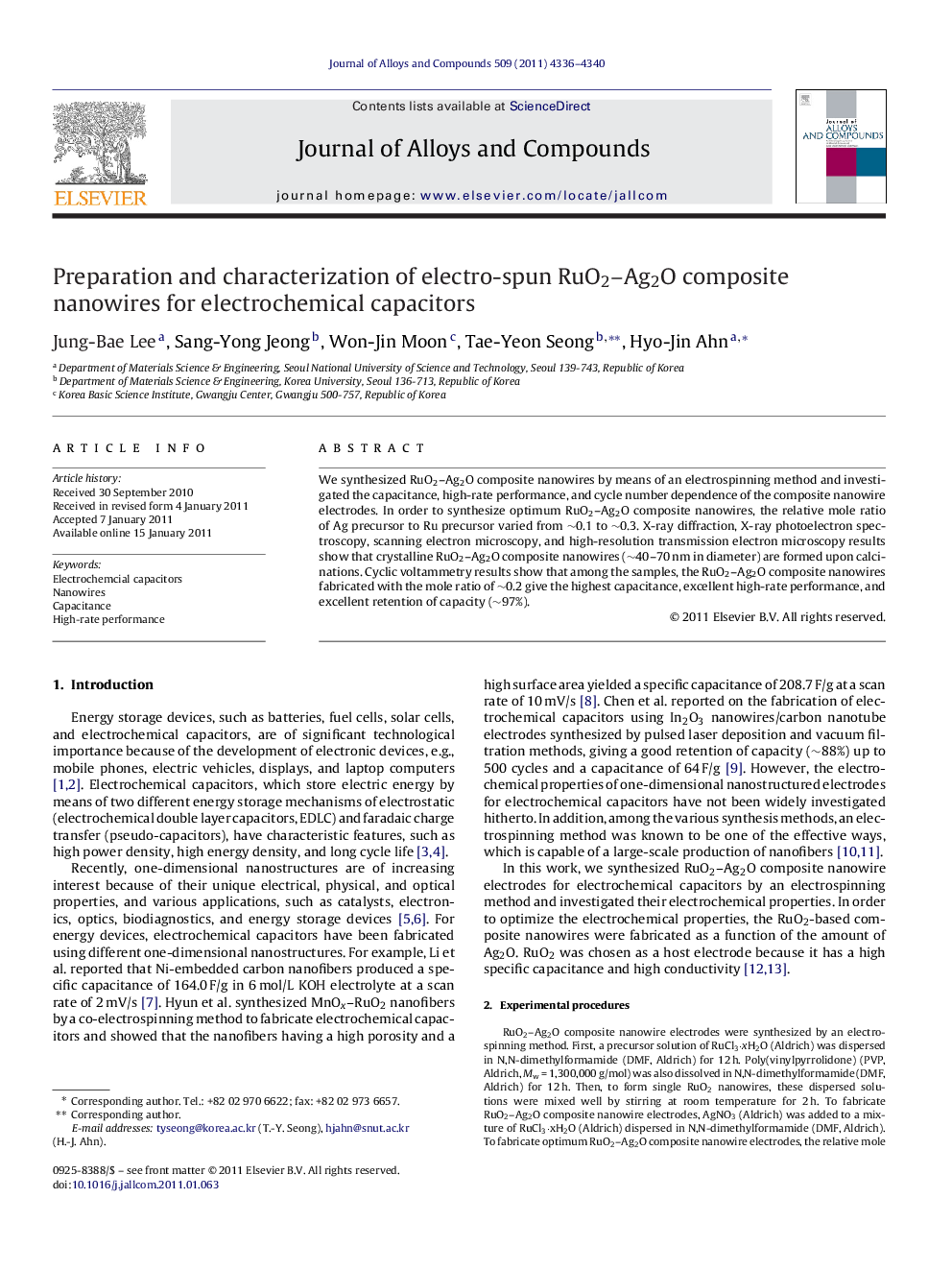 Preparation and characterization of electro-spun RuO2–Ag2O composite nanowires for electrochemical capacitors