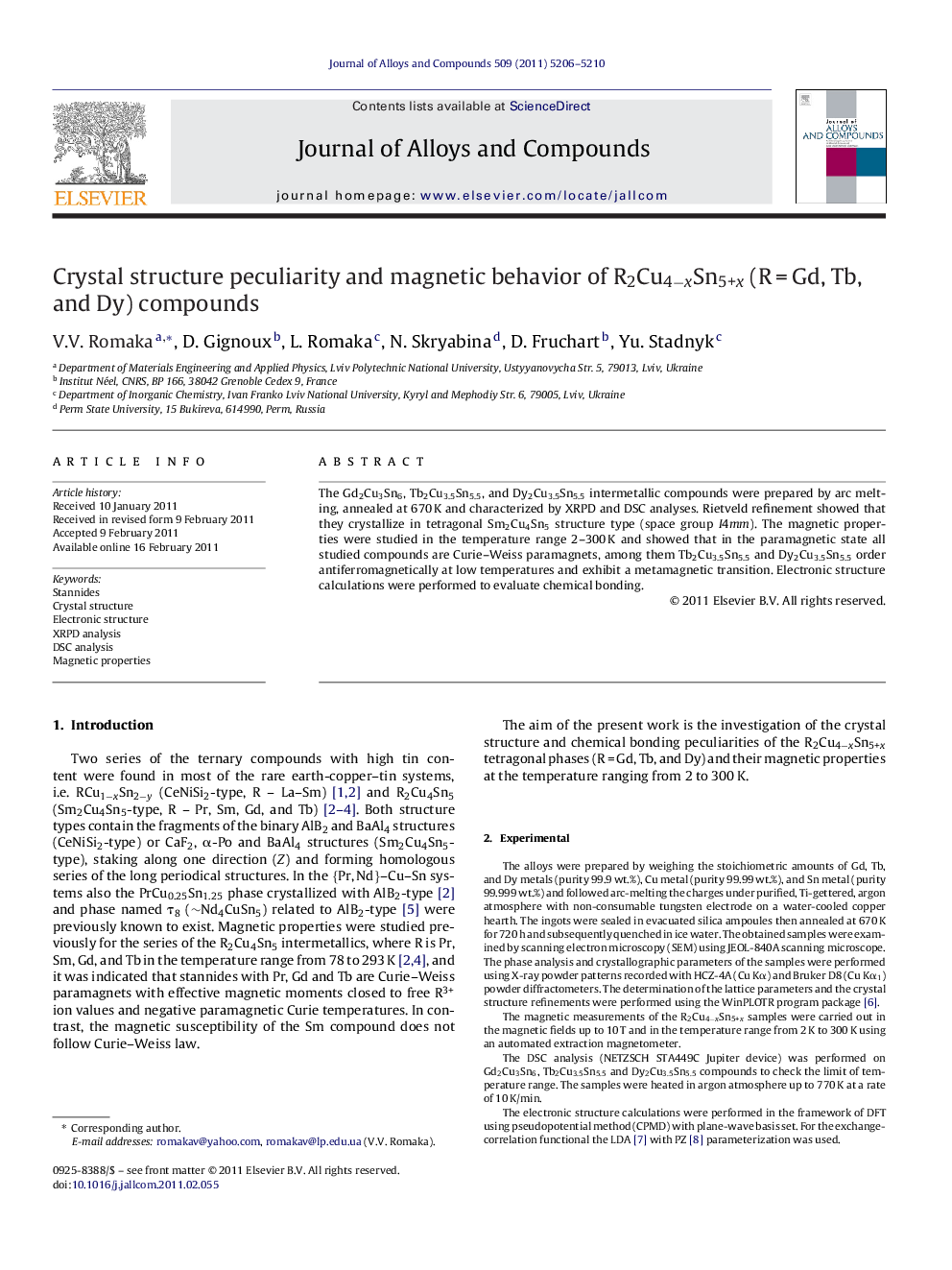 Crystal structure peculiarity and magnetic behavior of R2Cu4−xSn5+x (R = Gd, Tb, and Dy) compounds