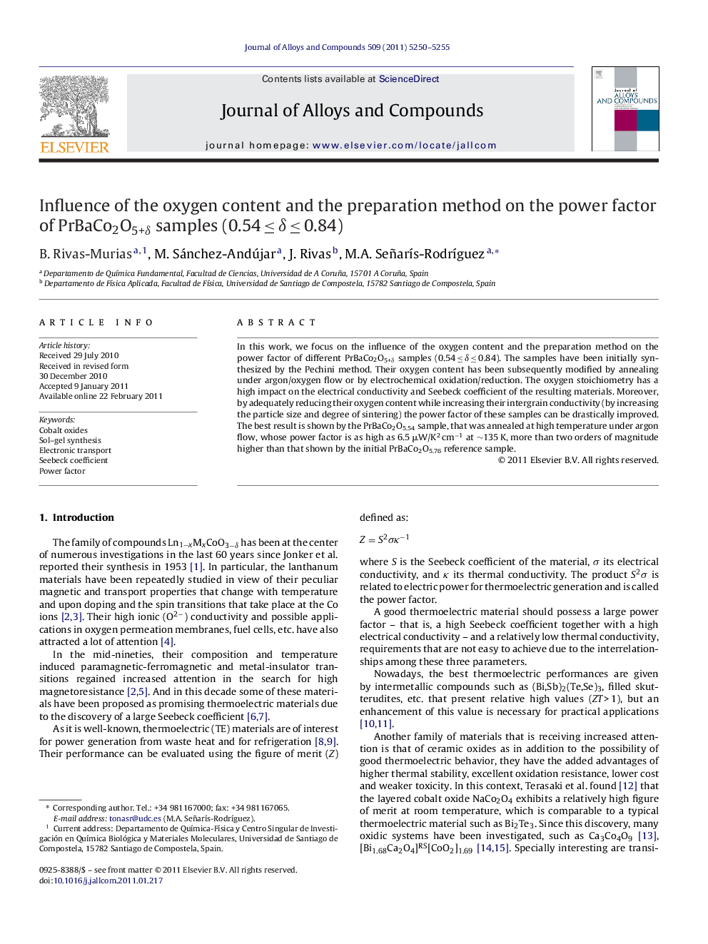 Influence of the oxygen content and the preparation method on the power factor of PrBaCo2O5+δ samples (0.54 ≤ δ ≤ 0.84)