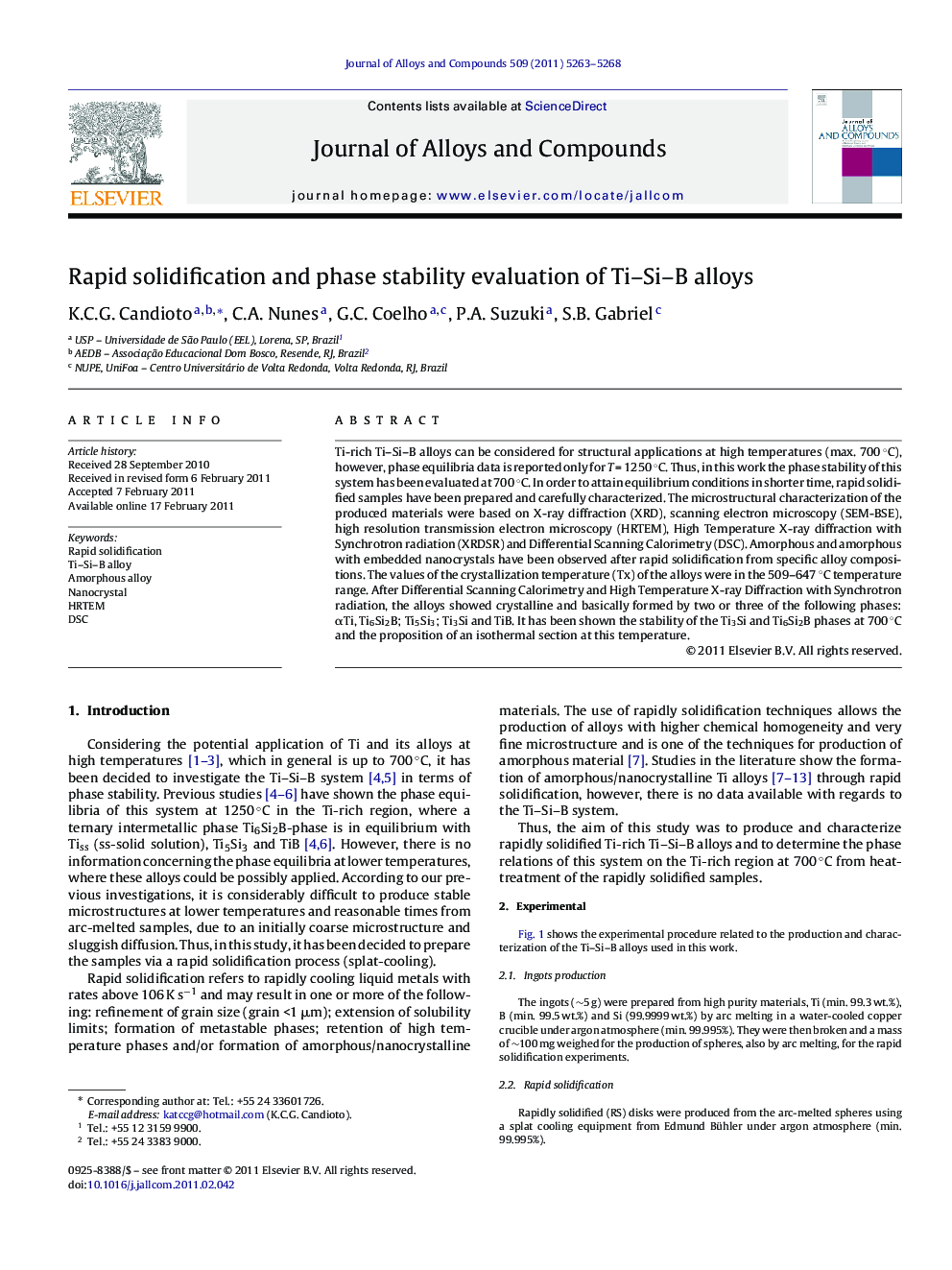 Rapid solidification and phase stability evaluation of Ti–Si–B alloys