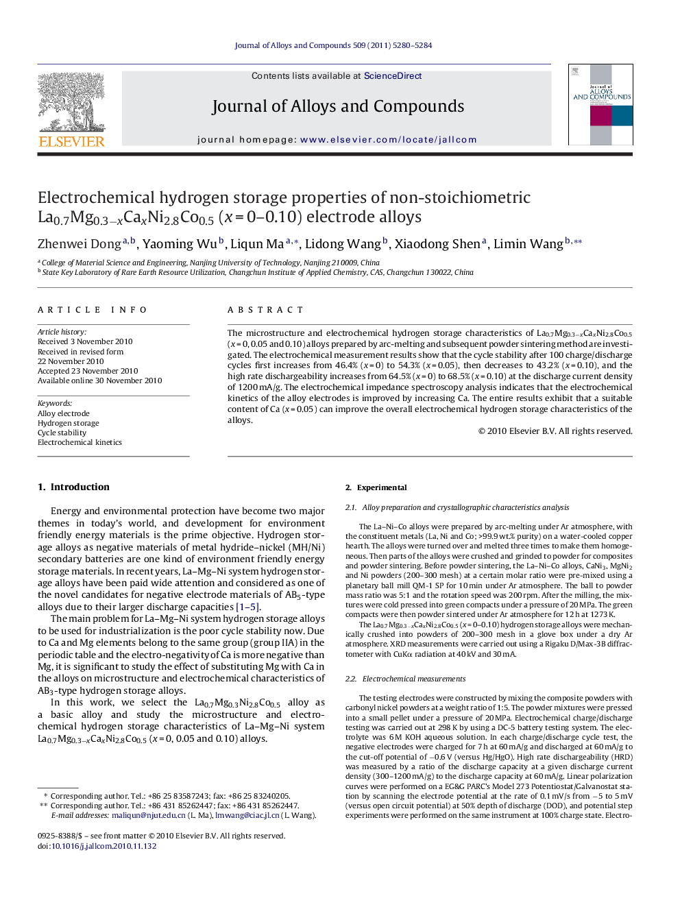 Electrochemical hydrogen storage properties of non-stoichiometric La0.7Mg0.3âxCaxNi2.8Co0.5 (xÂ =Â 0-0.10) electrode alloys