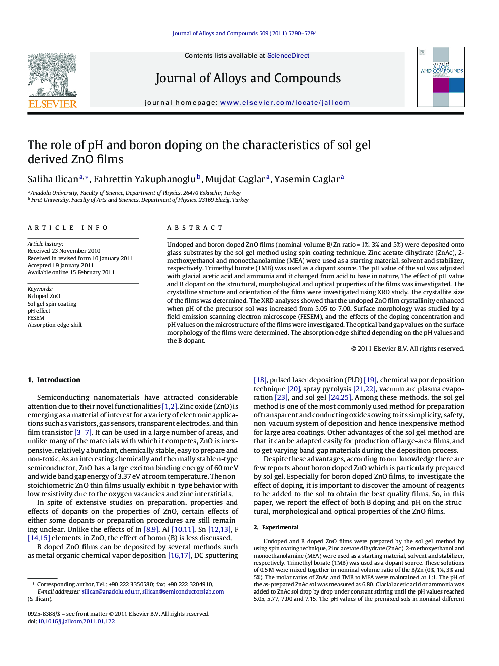 The role of pH and boron doping on the characteristics of sol gel derived ZnO films