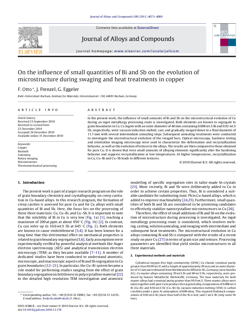 On the influence of small quantities of Bi and Sb on the evolution of microstructure during swaging and heat treatments in copper