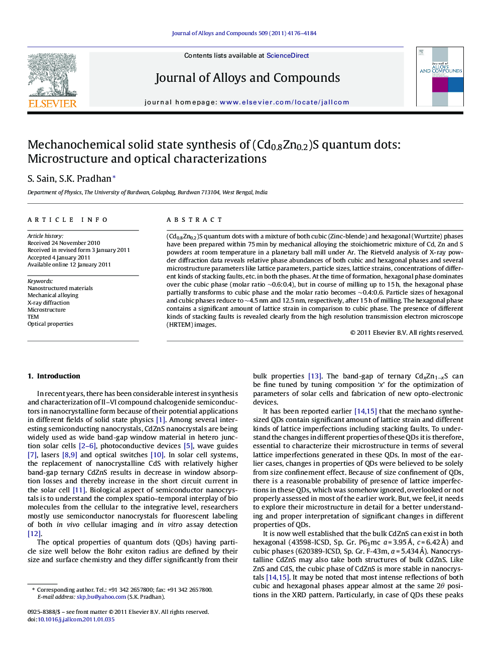 Mechanochemical solid state synthesis of (Cd0.8Zn0.2)S quantum dots: Microstructure and optical characterizations