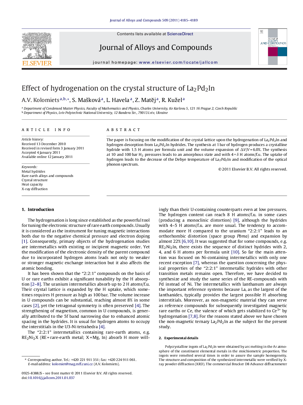 Effect of hydrogenation on the crystal structure of La2Pd2In