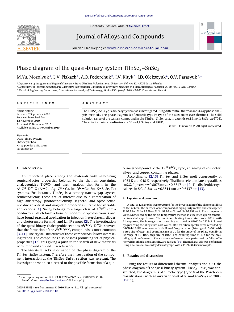 عکس صفحه اول مقاله: Phase diagram of the quasi-binary system TlInSe2–SnSe2 Phase diagram of the quasi-binary system TlInSe2–SnSe2