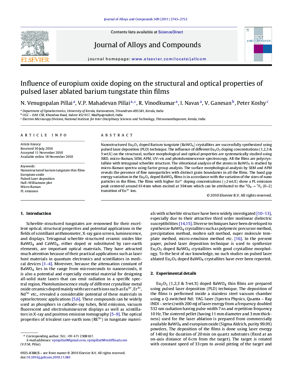 Influence of europium oxide doping on the structural and optical properties of pulsed laser ablated barium tungstate thin films