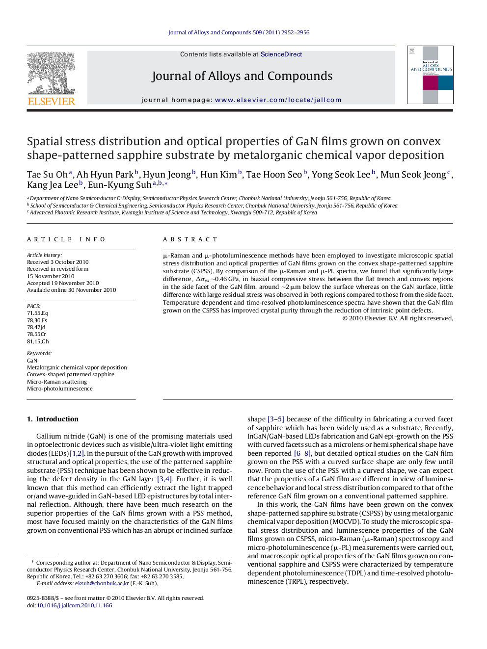 Spatial stress distribution and optical properties of GaN films grown on convex shape-patterned sapphire substrate by metalorganic chemical vapor deposition