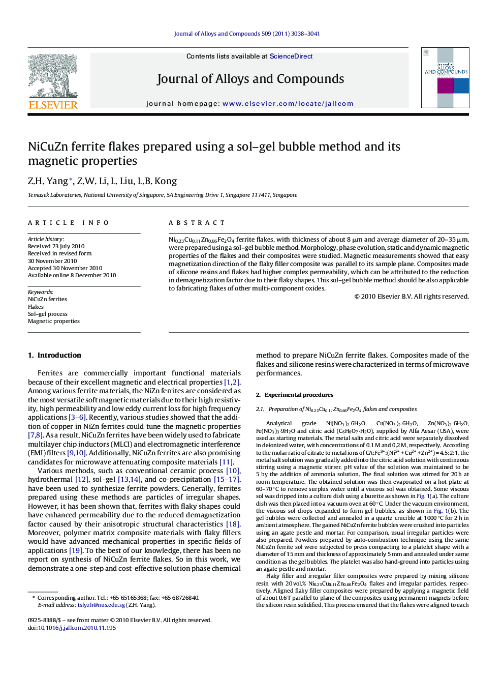 NiCuZn ferrite flakes prepared using a sol–gel bubble method and its magnetic properties