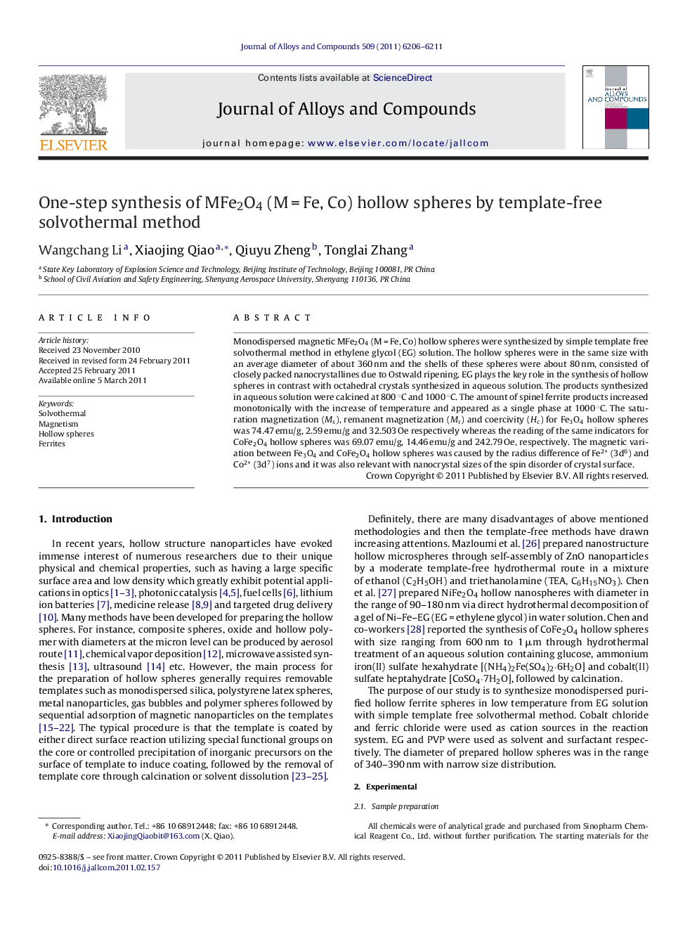 One-step synthesis of MFe2O4 (M = Fe, Co) hollow spheres by template-free solvothermal method