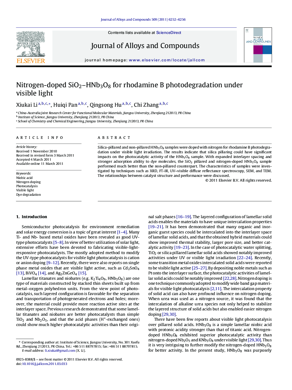 Nitrogen-doped SiO2–HNb3O8 for rhodamine B photodegradation under visible light