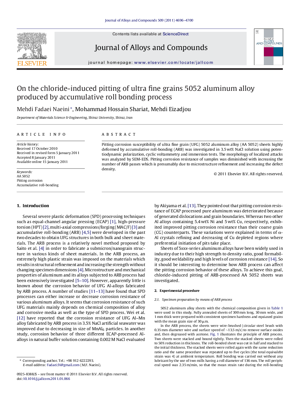 On the chloride-induced pitting of ultra fine grains 5052 aluminum alloy produced by accumulative roll bonding process