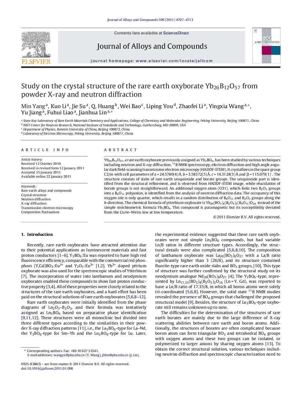 Study on the crystal structure of the rare earth oxyborate Yb26B12O57 from powder X-ray and neutron diffraction