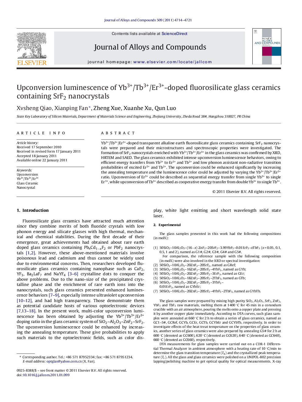 Upconversion luminescence of Yb3+/Tb3+/Er3+-doped fluorosilicate glass ceramics containing SrF2 nanocrystals