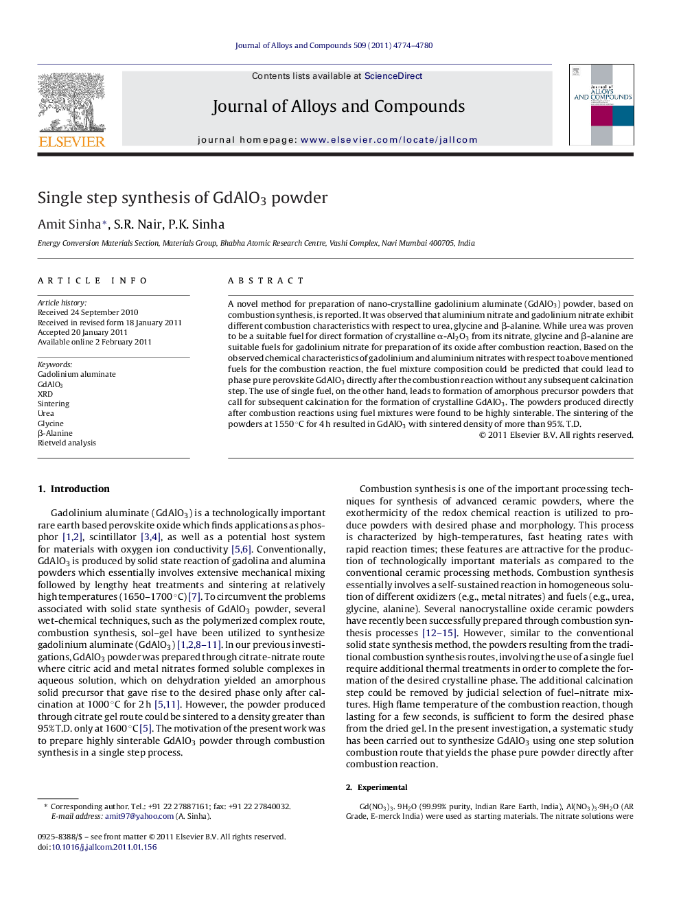 Single step synthesis of GdAlO3 powder