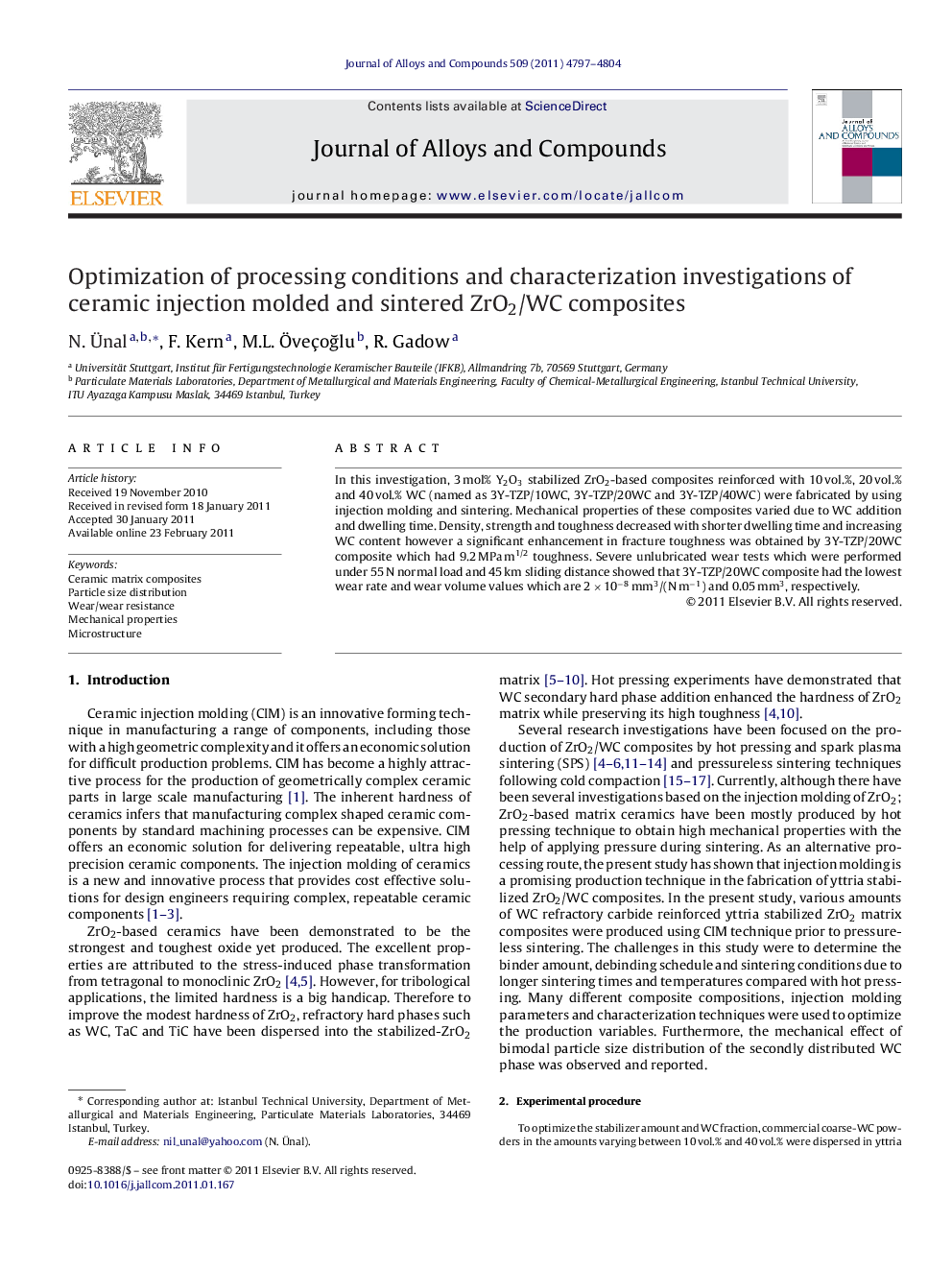 Optimization of processing conditions and characterization investigations of ceramic injection molded and sintered ZrO2/WC composites
