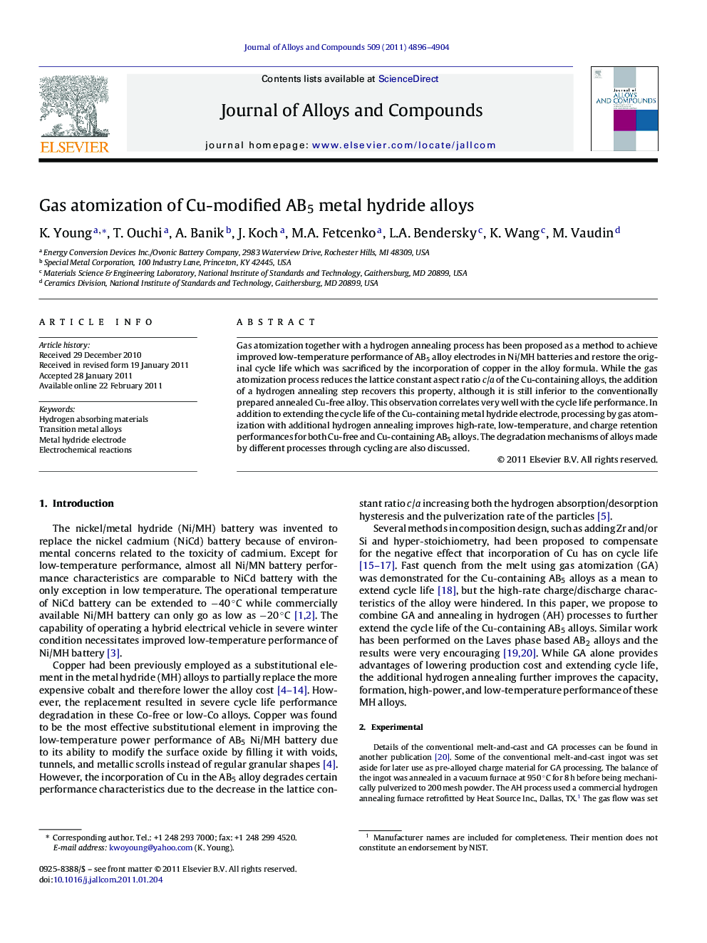 Gas atomization of Cu-modified AB5 metal hydride alloys