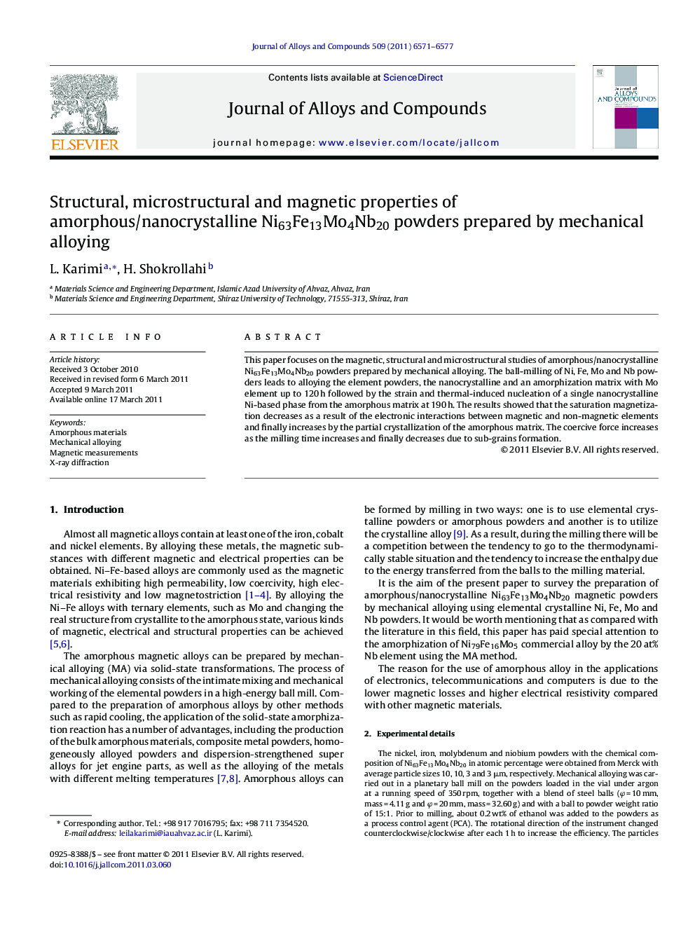 Structural, microstructural and magnetic properties of amorphous/nanocrystalline Ni63Fe13Mo4Nb20 powders prepared by mechanical alloying