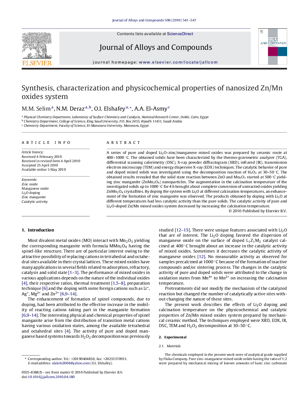 Synthesis, characterization and physicochemical properties of nanosized Zn/Mn oxides system