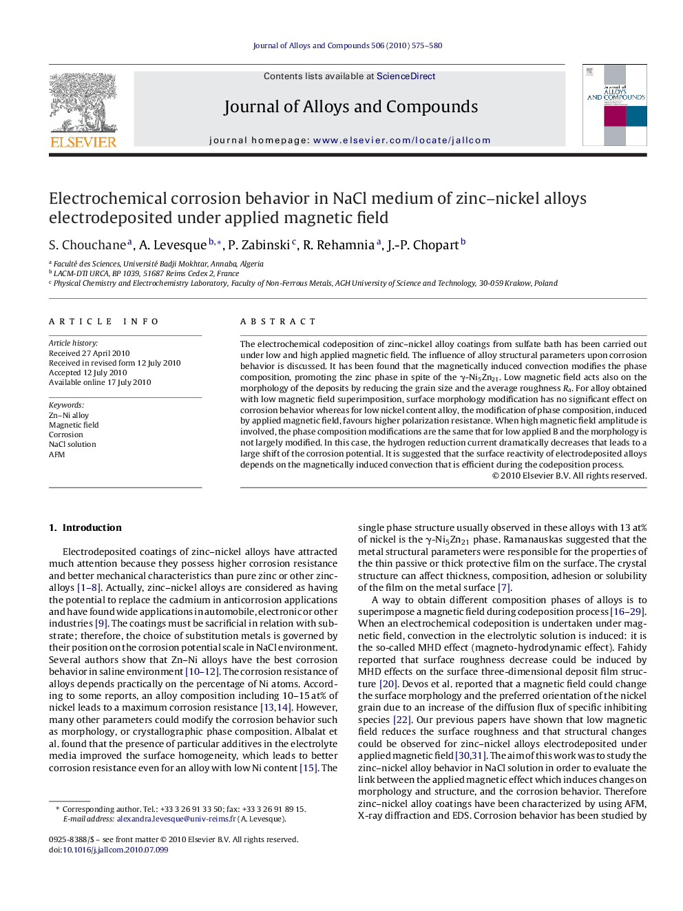 Electrochemical corrosion behavior in NaCl medium of zinc–nickel alloys electrodeposited under applied magnetic field